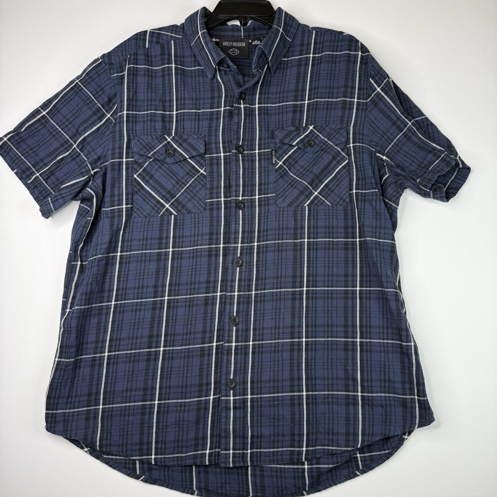 Harley-Davidson Men's XL Blue Plaid Short Sleeve Button Up